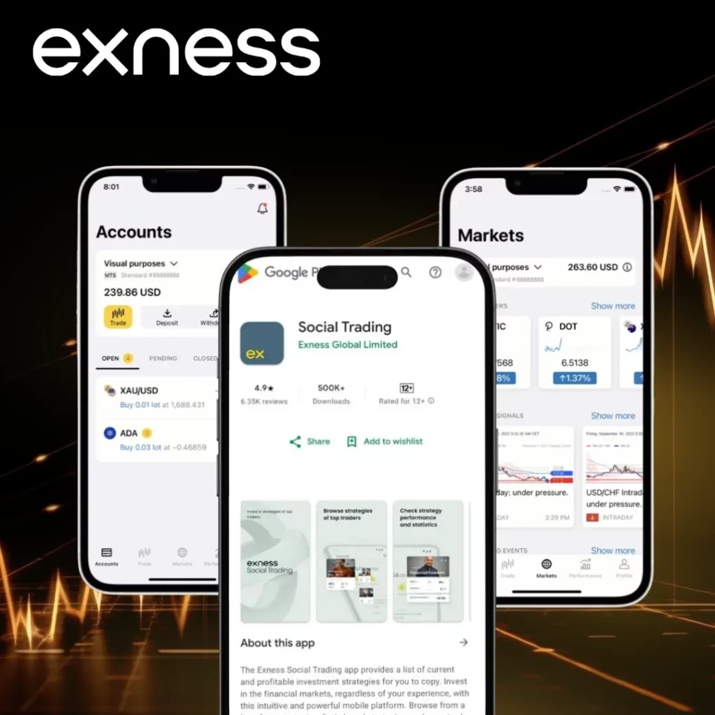 With the Exness mobile app, you can trade and manage